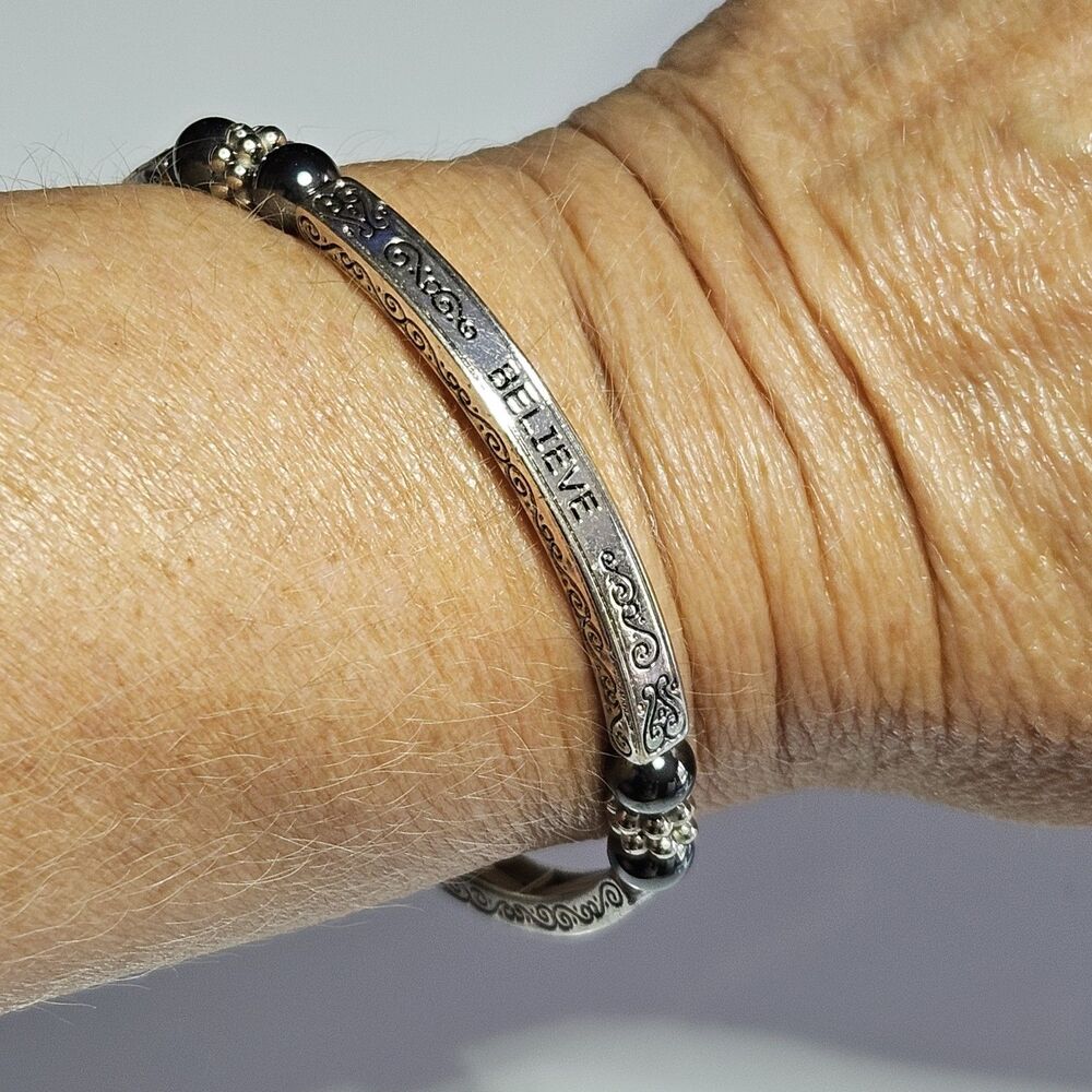 Ku Silver Tone Magnetic Hematite "Believe" Sentiment Bracelet 7.25"